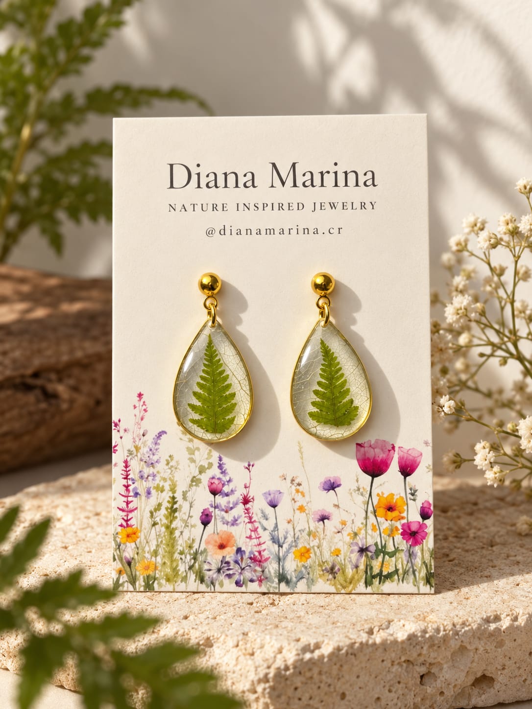 Aretes con helechos naturales 